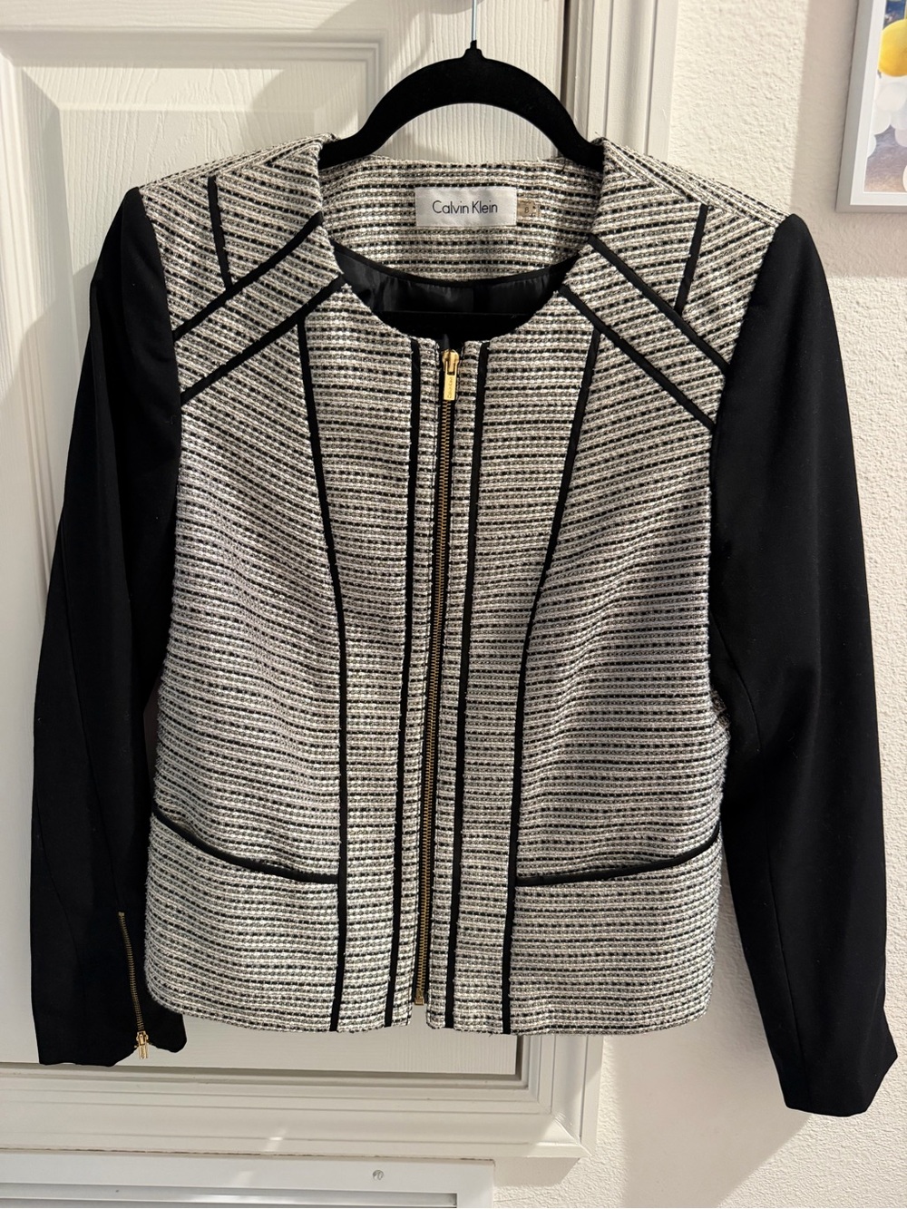 Calvin Klein Black and White Tweed-Front Zip Jacket